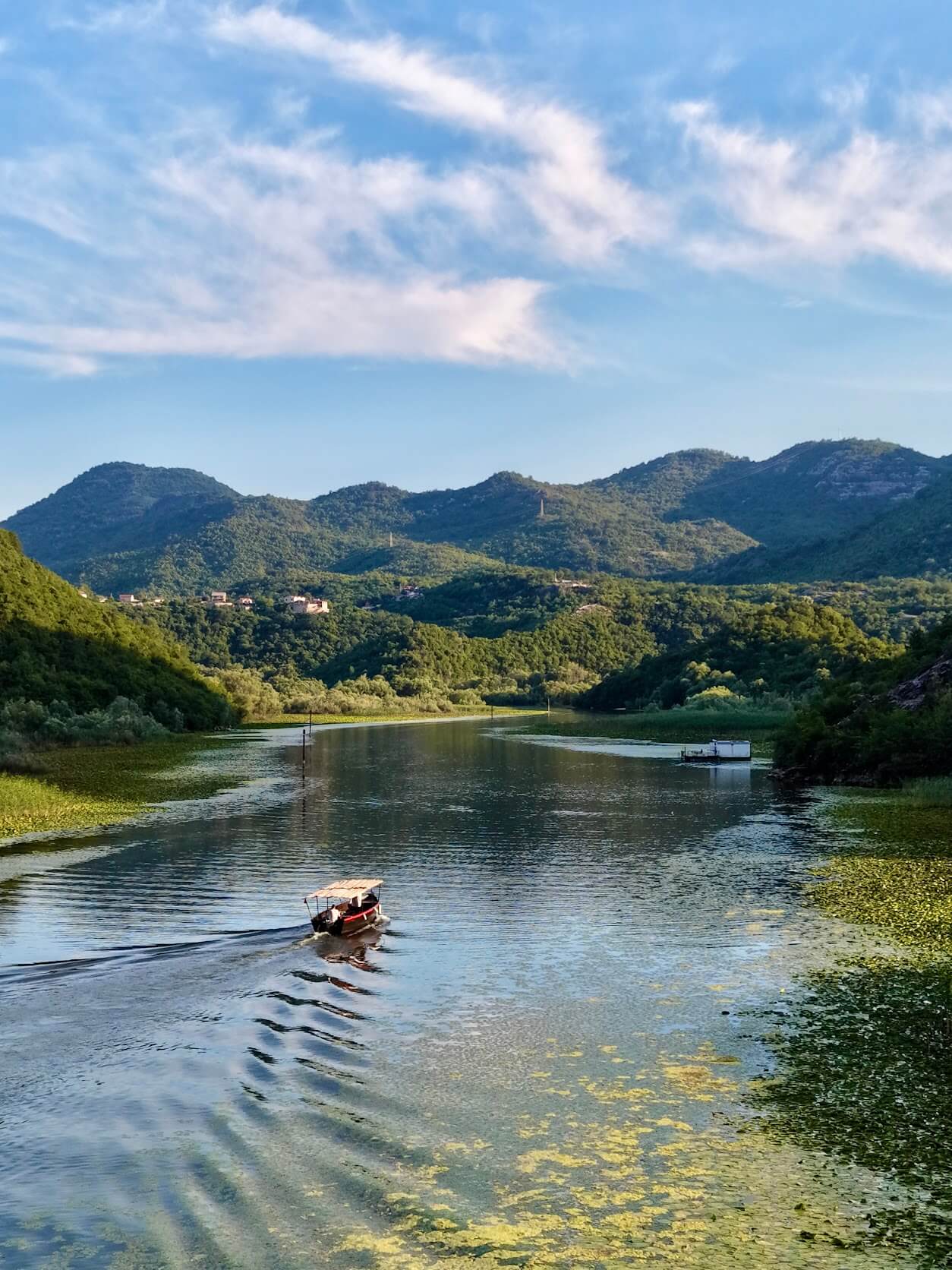 Vista a vista de pájaro del lago Skadar, Montenegro